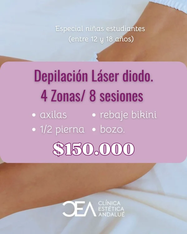Especial estudiantes 8 sesiones/ 4 Zonas/ axilas + 1/2 pierna + rebaje bikini + bozo.